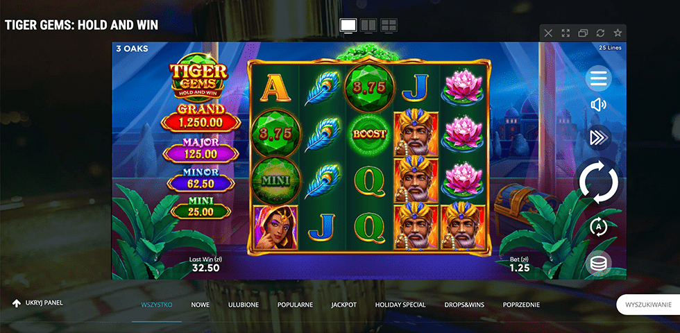 Playing Tiger Gems: Hold and Win screen