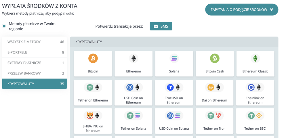 Withdrawal crypto options screen