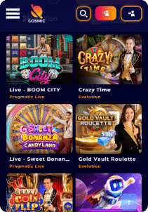 Cosmic casino mobile screen live casino