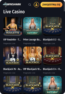 WinShark casino mobile screen live casino